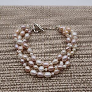 8 Inch Sterling Silver Triple Strand Light Color Pearls Bracelet B355